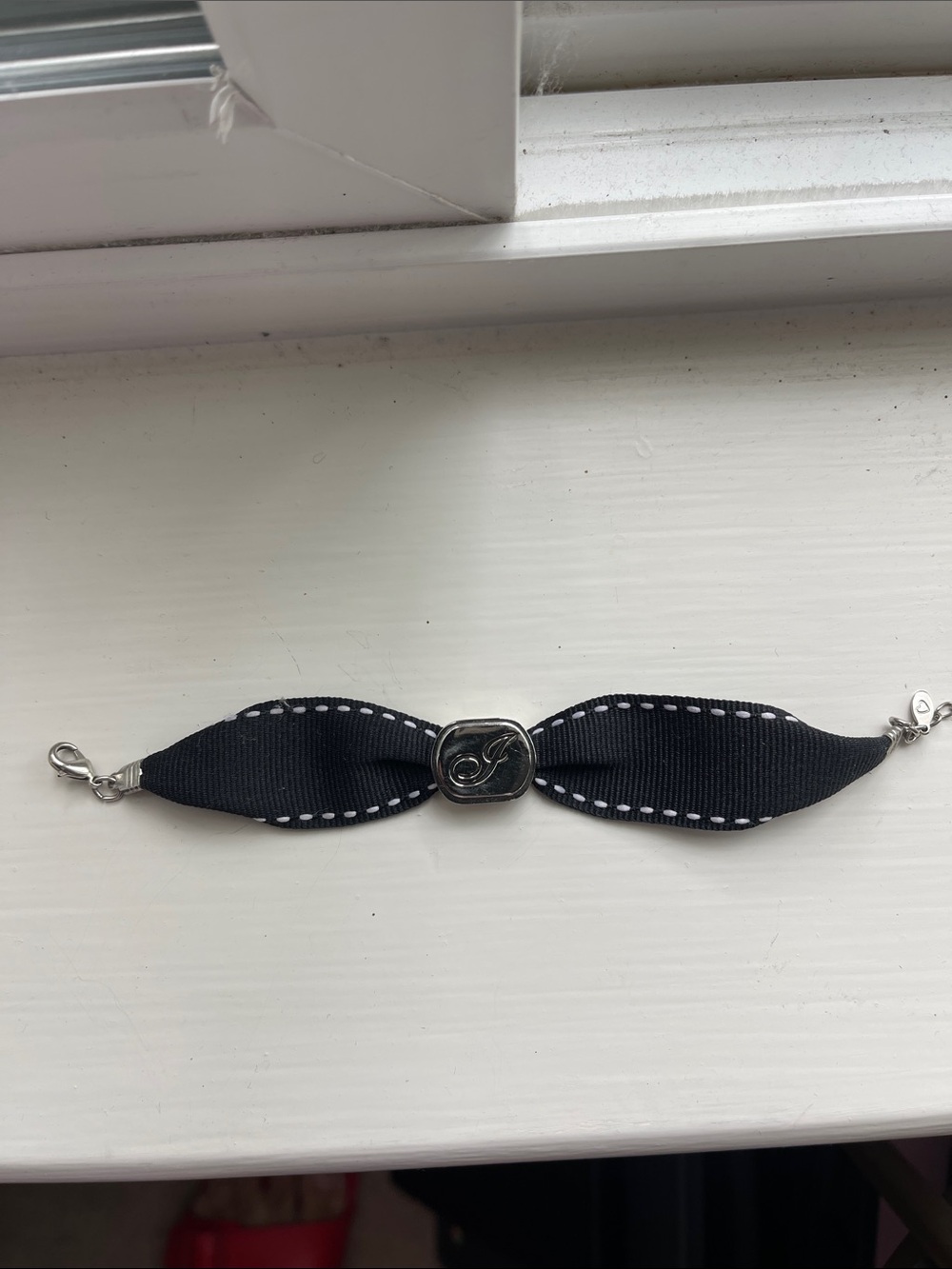 Black Ribbon Bracelet with Silver J Accent